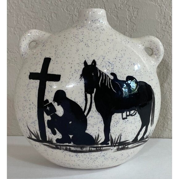 Cowboy Kneeling at Cross Western Horse Praying Religious Faith Pottery Vase - Picture 1 of 6
